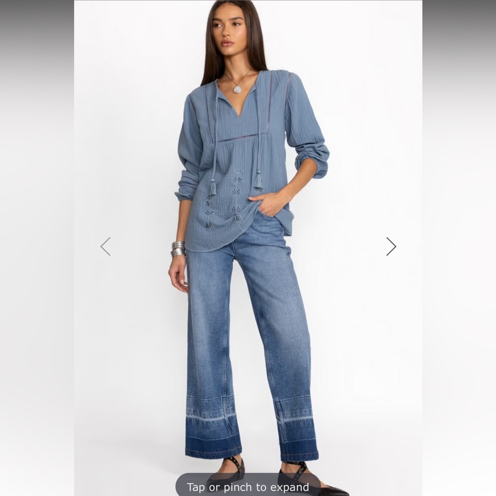 Johnny Was Calme Blue Textured Guaze Tunic Top Embroidered Blouse Tassel